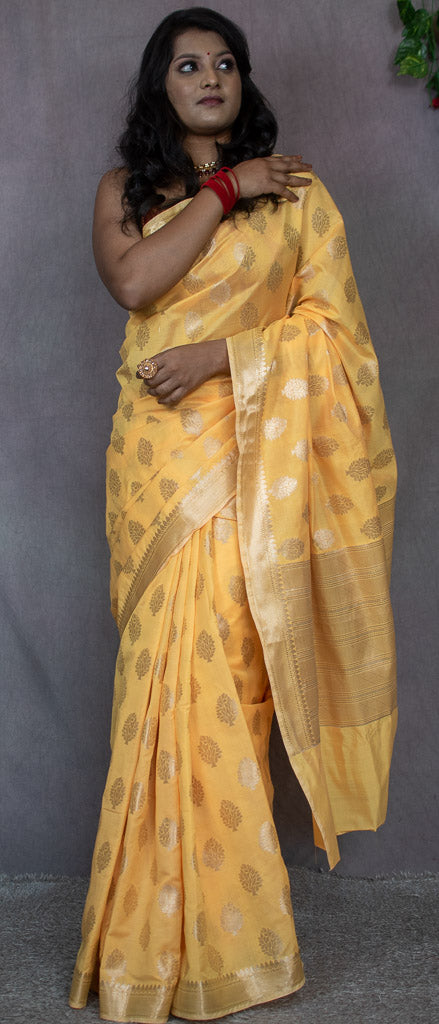 Banarasi Semi Silk Saree With Silver Zari Weaving-Yellow