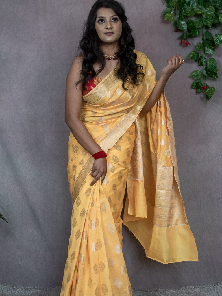 Banarasi Semi Silk Saree With Silver Zari Weaving-Yellow