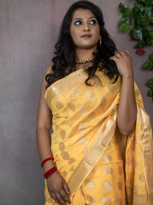 Banarasi Semi Silk Saree With Silver Zari Weaving-Yellow