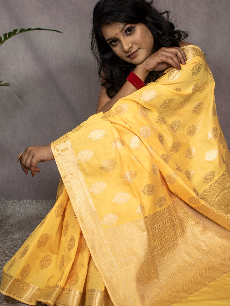 Banarasi Semi Silk Saree With Silver Zari Weaving-Yellow