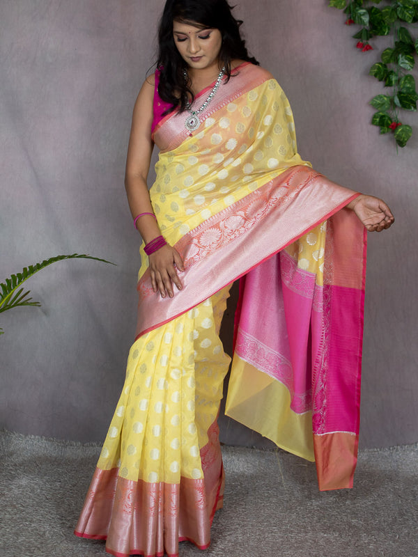 Banarasi organza Saree With Silver Zari  Weaving & Contrast Border-Yellow