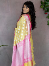 Banarasi organza Saree With Silver Zari  Weaving & Contrast Border-Yellow