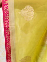 Banarasi Soft Cotton Resham Buti Weaving Saree With Contrast Narrow Border-Green