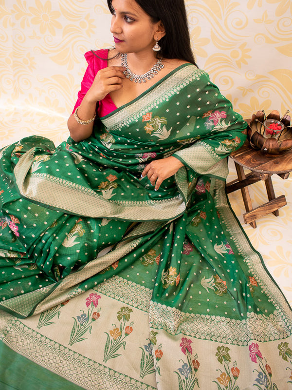 Banarasi Cotton Silk Saree With Resham & Meena Weaving Border-Deep Green