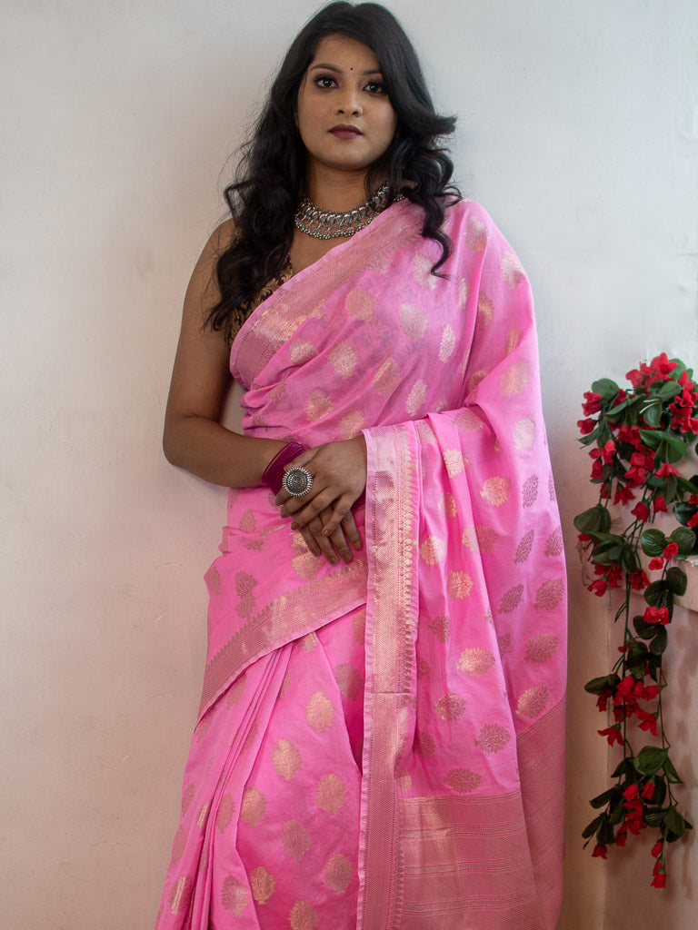 Banarasi Semi Silk Saree With Silver Zari Weaving-Pink