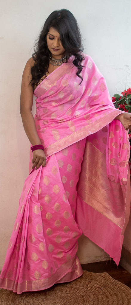 Banarasi Semi Silk Saree With Silver Zari Weaving-Pink