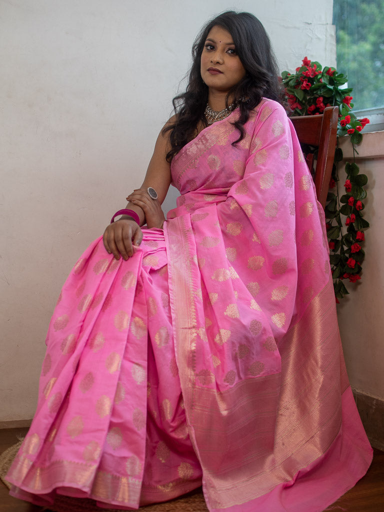 Banarasi Semi Silk Saree With Silver Zari Weaving-Pink