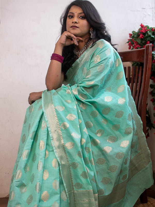 Banarasi Semi Silk Saree With Silver Zari Weaving-Sea Green