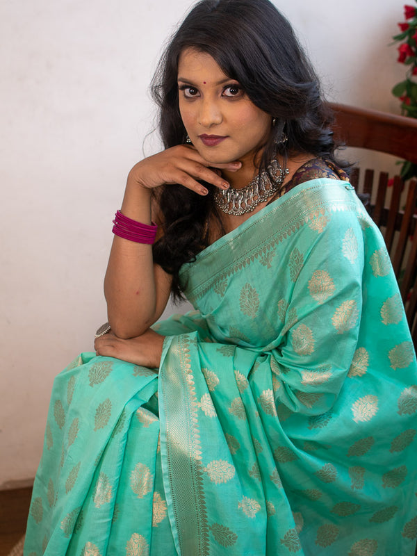 Banarasi Semi Silk Saree With Silver Zari Weaving-Sea Green