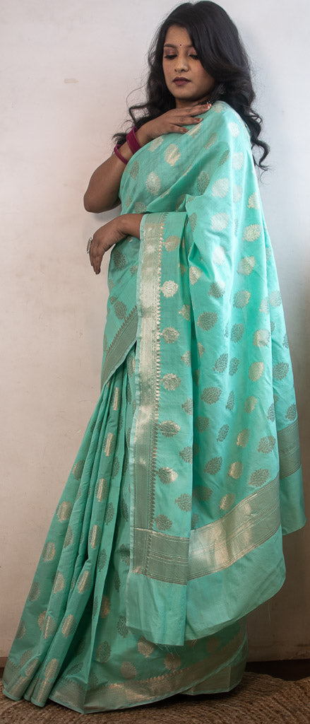 Banarasi Semi Silk Saree With Silver Zari Weaving-Sea Green