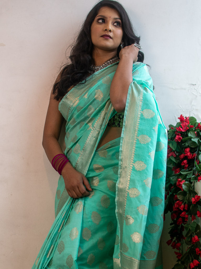 Banarasi Semi Silk Saree With Silver Zari Weaving-Sea Green