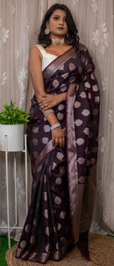 Banarasi Semi Silk Saree With Silver Zari Weaving-Wine