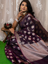 Banarasi Semi Silk Saree With Silver Zari Weaving-Wine