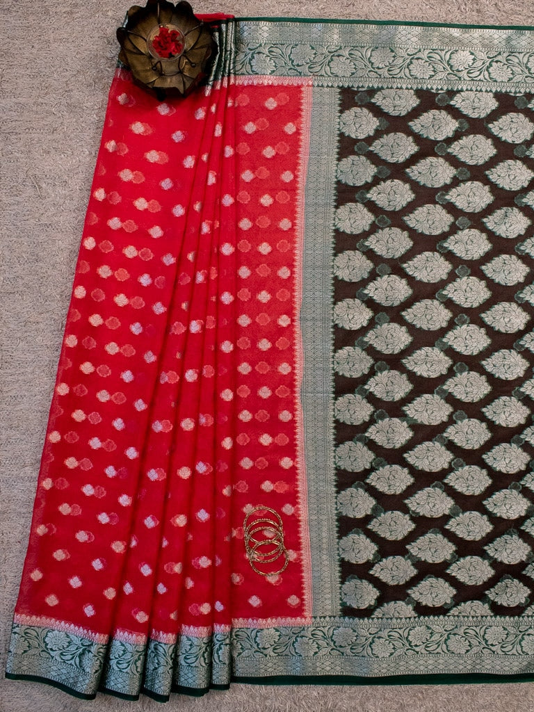 Banarasi Semi Silk Saree With Silver Zari Buti Weaving & Contrast Border-Red