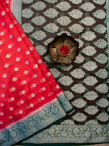 Banarasi Semi Silk Saree With Silver Zari Buti Weaving & Contrast Border-Red