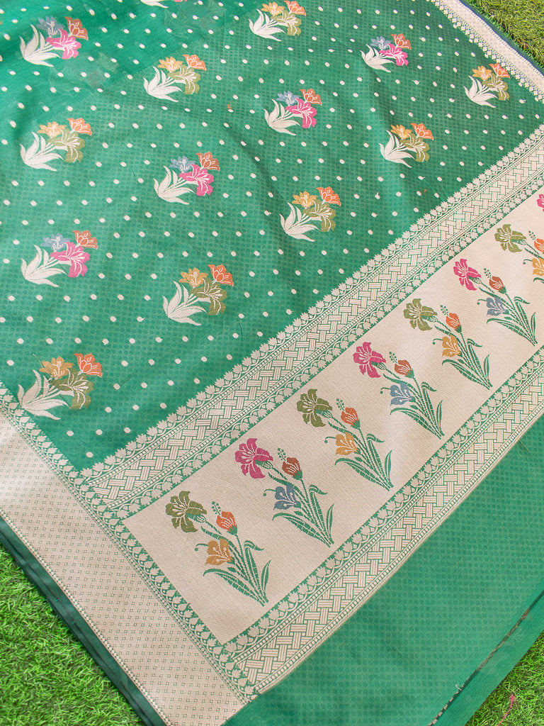 Banarasi Cotton Silk Saree With Resham & Meena Weaving Border-Deep Green