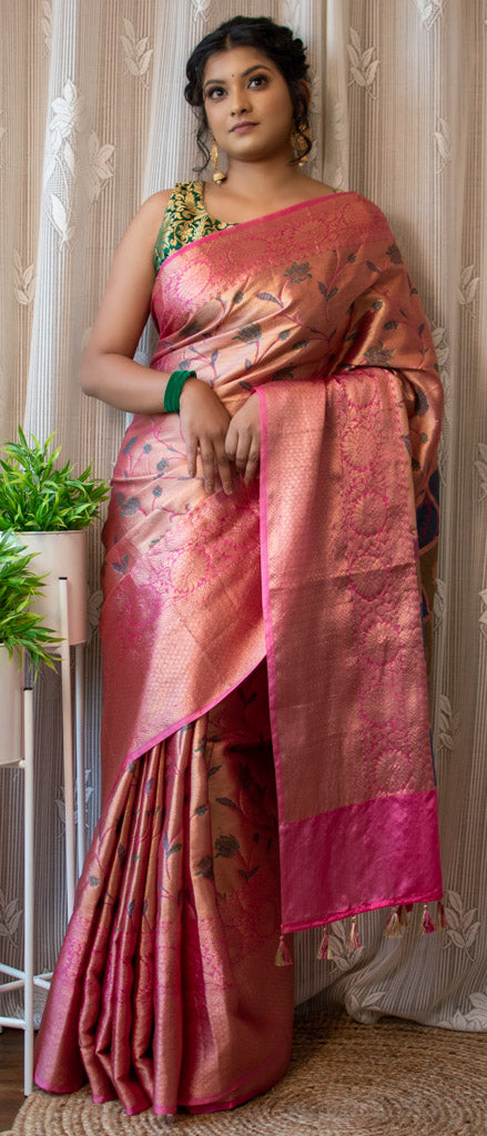 Banarasi Semi Silk Saree With Tanchoi Zari & Meena Weaving-Pink
