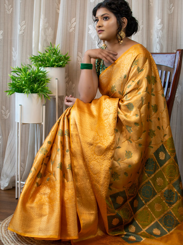 Banarasi Semi Silk Saree With Tanchoi Zari & Meena Weaving-Deep Yellow