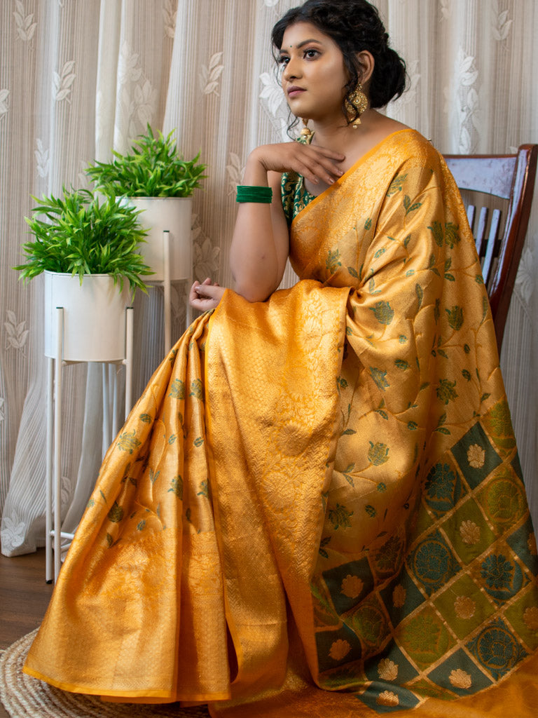 Handloom Yellow Zari Booti Tanchoi Banarasi Saree in Pure Katan Silk –  WeaverStory