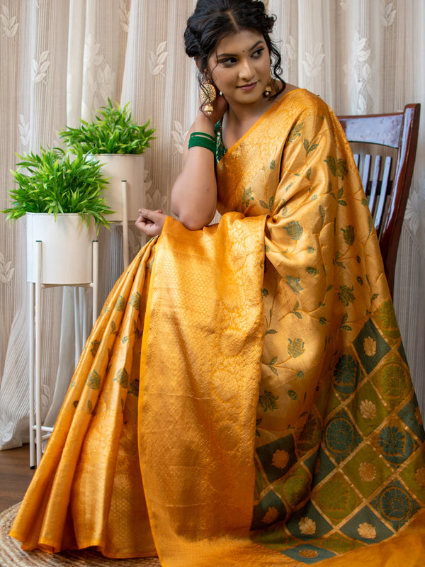 Banarasi Semi Silk Saree With Tanchoi Zari & Meena Weaving-Deep Yellow