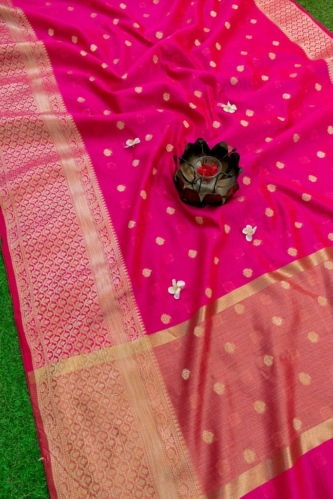 Banarasi Chanderi Cotton Zari Buti Weaving & Skirt Border-Pink