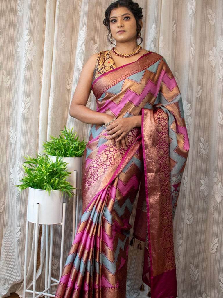 Banarasi Semi Silk Saree With Tanchoi Meena & Zari Zigzag Weaving-Magenta