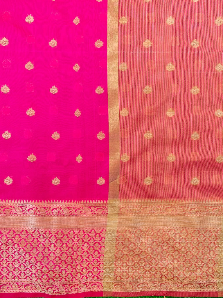 Banarasi Chanderi Cotton Zari Buti Weaving & Skirt Border-Pink