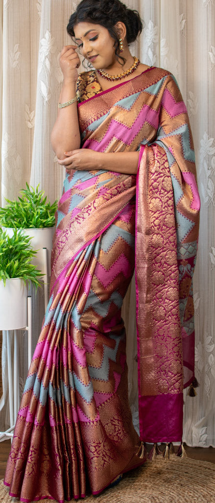 Banarasi Semi Silk Saree With Tanchoi Meena & Zari Zigzag Weaving-Magenta