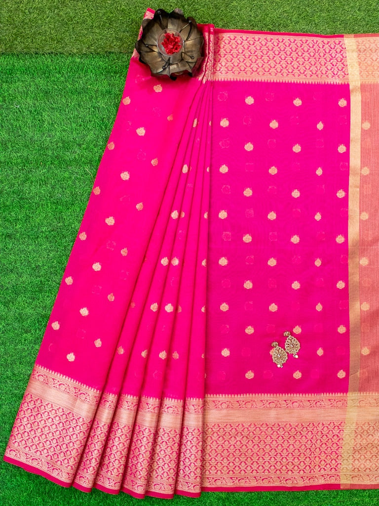 Banarasi Chanderi Cotton Zari Buti Weaving & Skirt Border-Pink