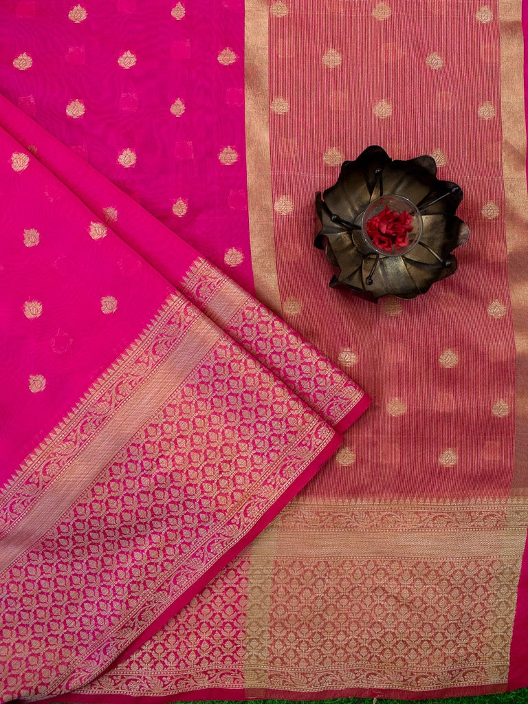 Banarasi Chanderi Cotton Zari Buti Weaving & Skirt Border-Pink