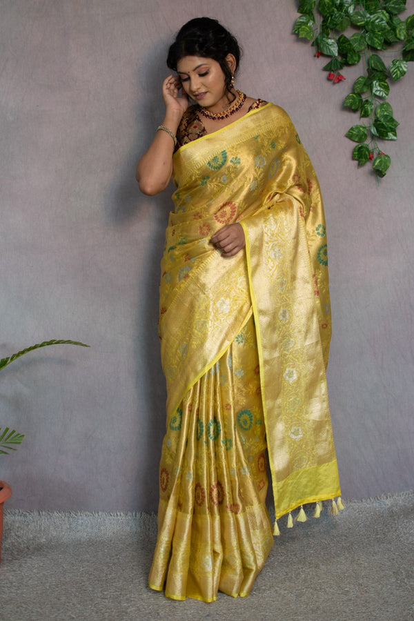 Banarasi Semi Silk Saree With Tanchoi Zari & Meena Weaving-Light Yellow