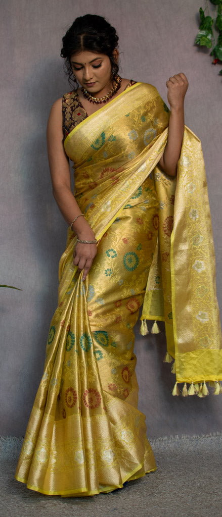 Banarasi Semi Silk Saree With Tanchoi Zari & Meena Weaving-Light Yellow