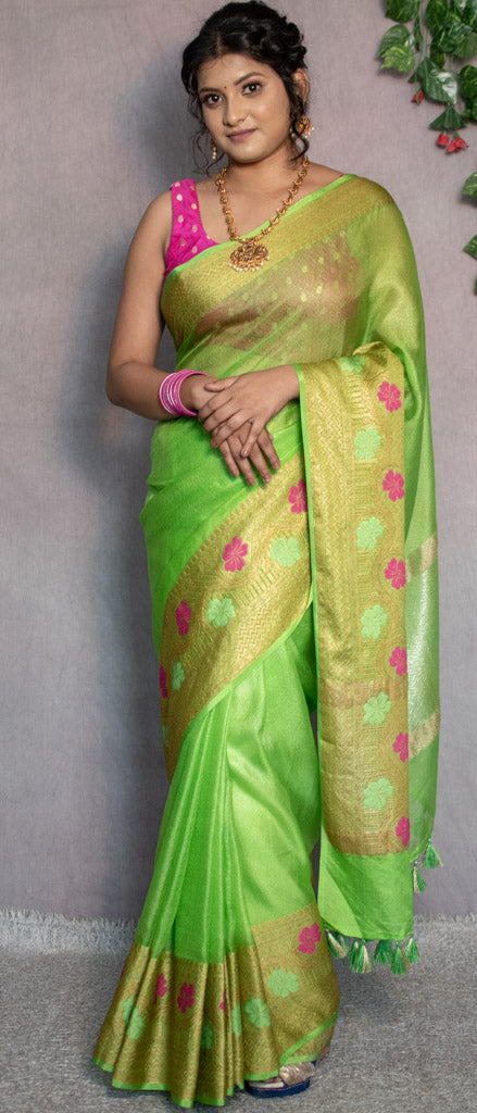 Banarasi Semi Chiffon Plain Saree Antique Zari Meena Weaving Border-Parrot Green