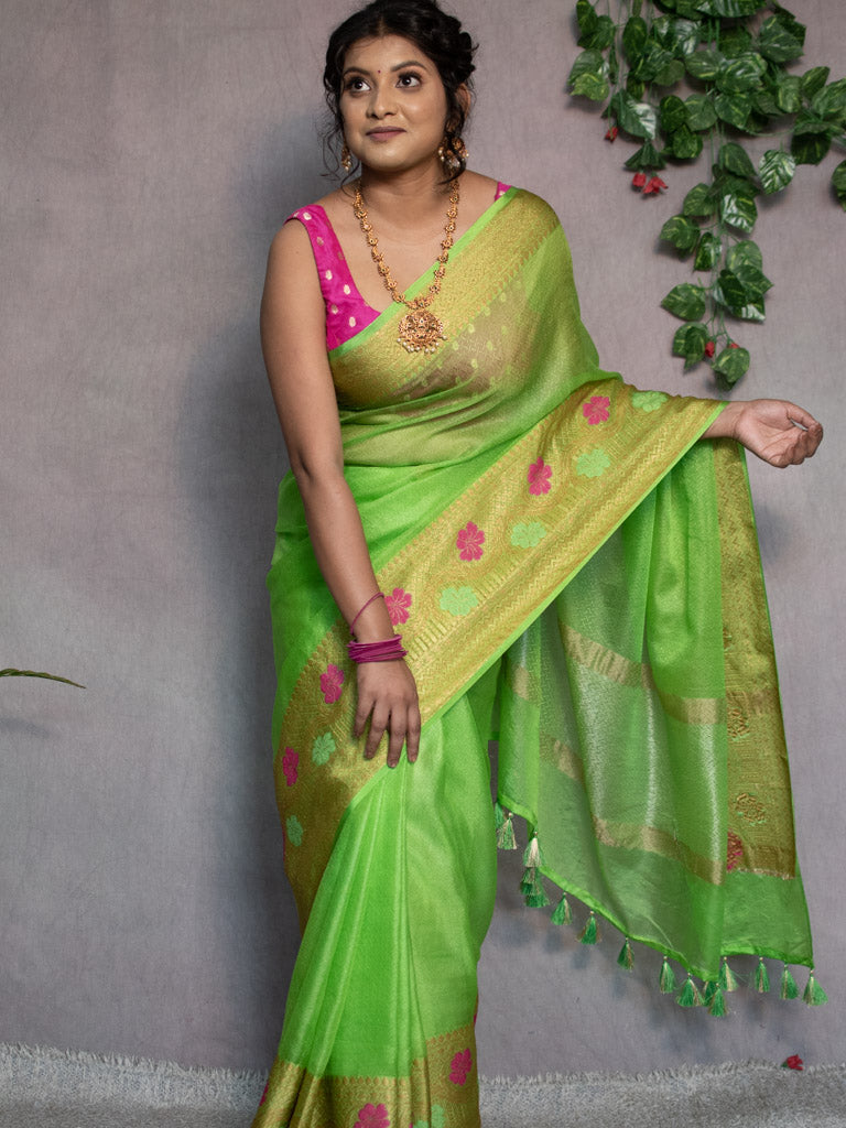 Banarasi Semi Chiffon Plain Saree Antique Zari Meena Weaving Border-Parrot Green