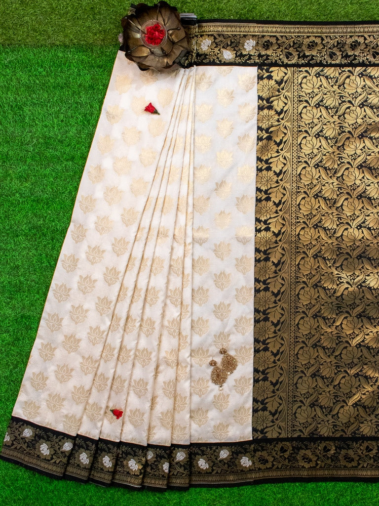 Banarasi Art Silk Saree With Contrast Meena Border-White & Black