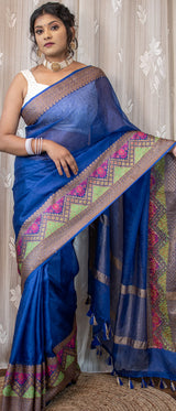 Banarasi Semi Chiffon Plain Saree Antique Zari Meena Weaving Border-Blue