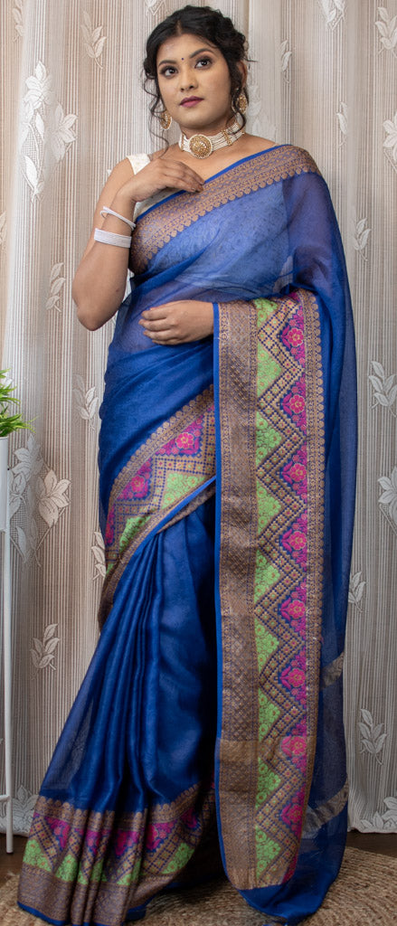 Banarasi Semi Chiffon Plain Saree Antique Zari Meena Weaving Border-Blue