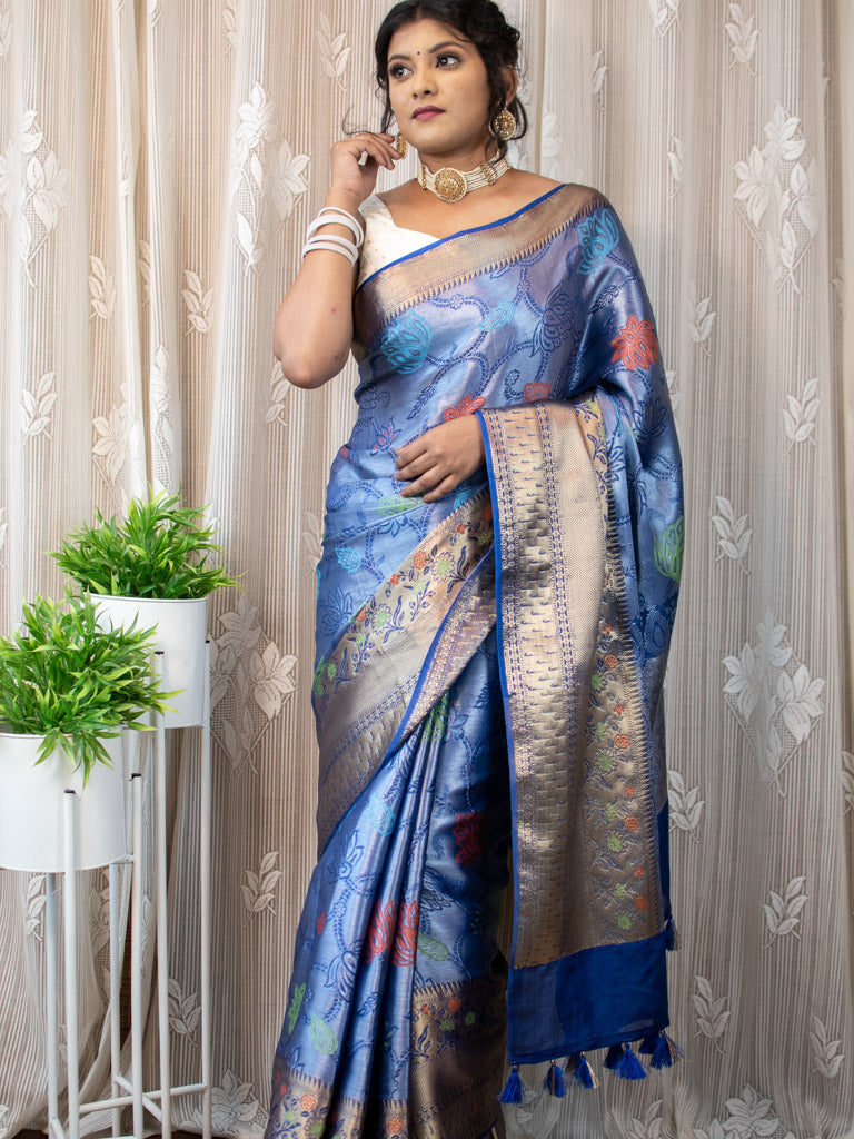 Banarasi Semi Silk Saree With Tanchoi Zari & Meena Weaving-Blue