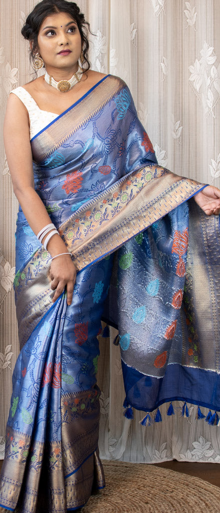 Banarasi Semi Silk Saree With Tanchoi Zari & Meena Weaving-Blue