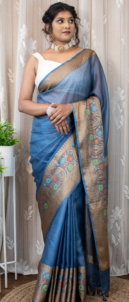 Banarasi Semi Chiffon Plain Saree Antique Zari Meena Weaving Border-Blue