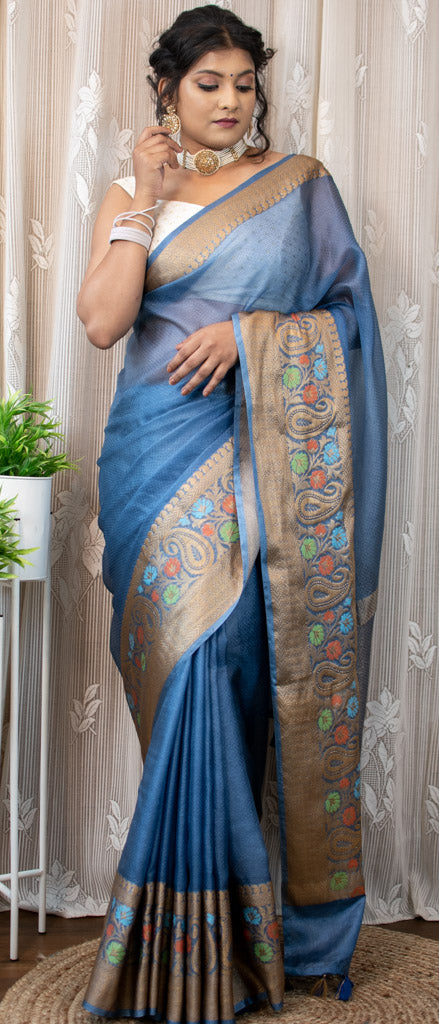 Banarasi Semi Chiffon Plain Saree Antique Zari Meena Weaving Border-Blue