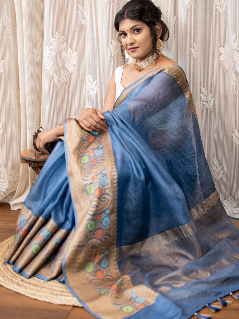 Banarasi Semi Chiffon Plain Saree Antique Zari Meena Weaving Border-Blue