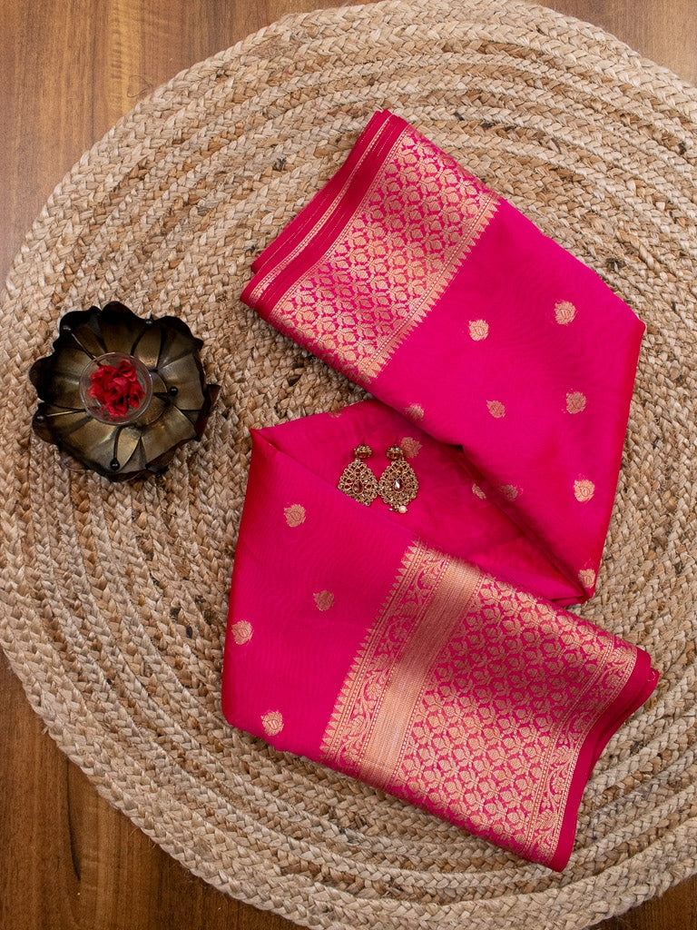 Banarasi Chanderi Cotton Zari Buti Weaving & Skirt Border-Pink