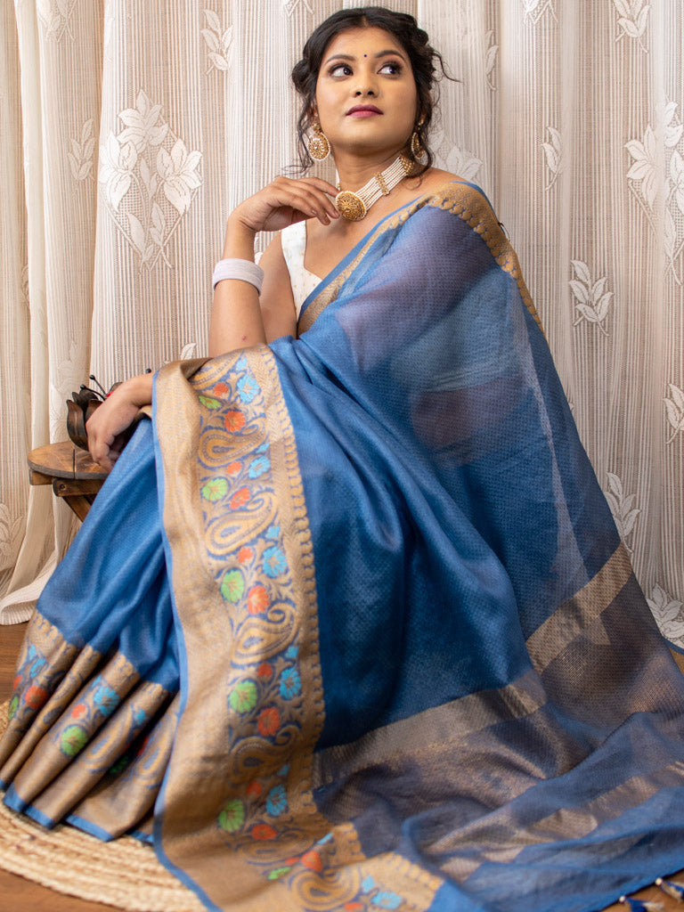 Banarasi Semi Chiffon Plain Saree Antique Zari Meena Weaving Border-Blue