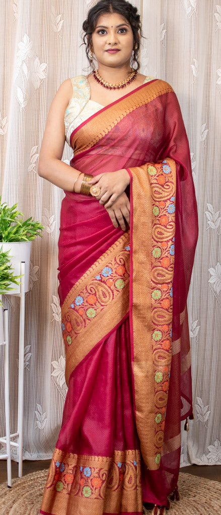 Banarasi Semi Chiffon Plain Saree Antique Zari Meena Weaving Border-Maroon