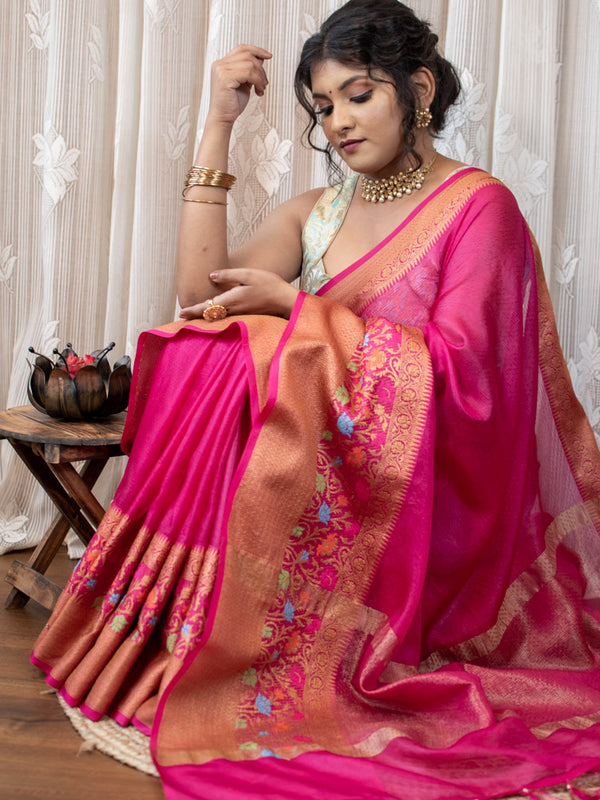 Banarasi Semi Chiffon Plain Saree Antique Zari Meena Weaving Border-Pink