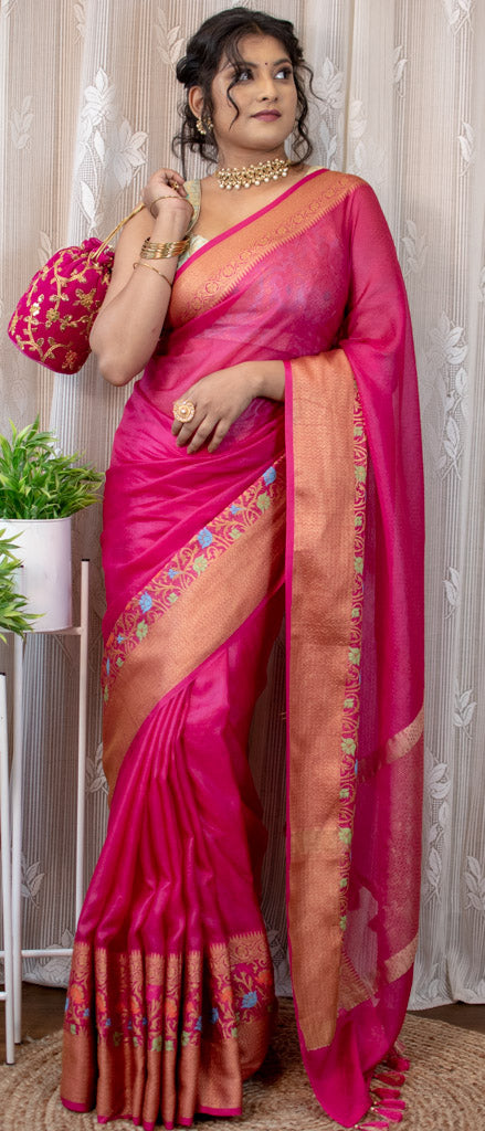 Banarasi Semi Chiffon Plain Saree Antique Zari Meena Weaving Border-Pink