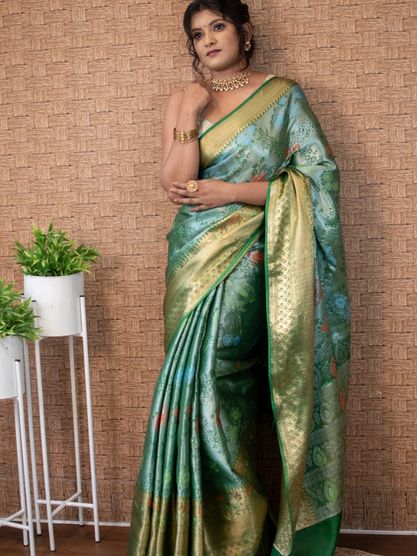 Banarasi Semi Silk Saree With Tanchoi Zari & Meena Weaving-Green