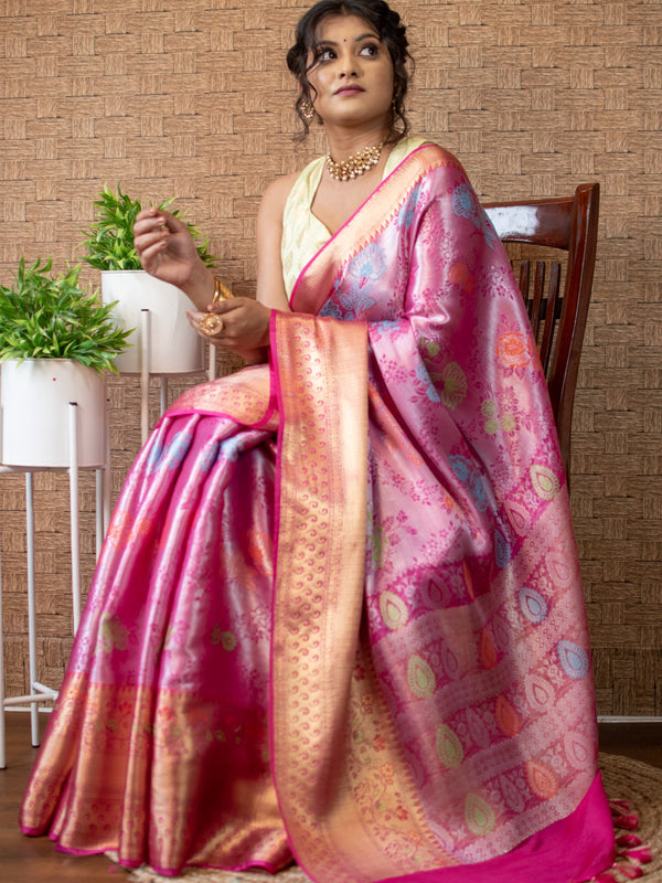 Banarasi Semi Silk Saree With Tanchoi Zari & Meena Weaving-Pink