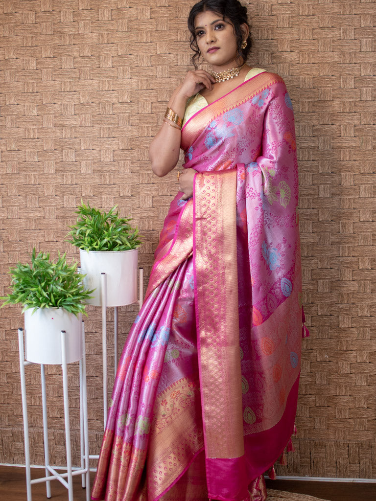 Banarasi Semi Silk Saree With Tanchoi Zari & Meena Weaving-Pink